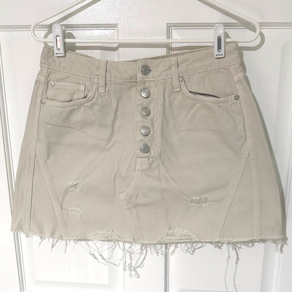 We The Free Free People Beige Distressed Denim Mini Skirt Button Fly Size 30